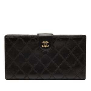 CHANEL Authentic Black Lambskin Leather Logo Wallet